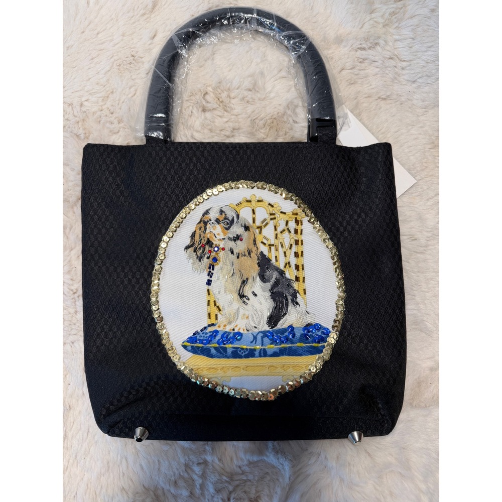 Pug King Charles Cavalier Dog Lover Opera Bag Sequin Embroidered Black Tote 8354